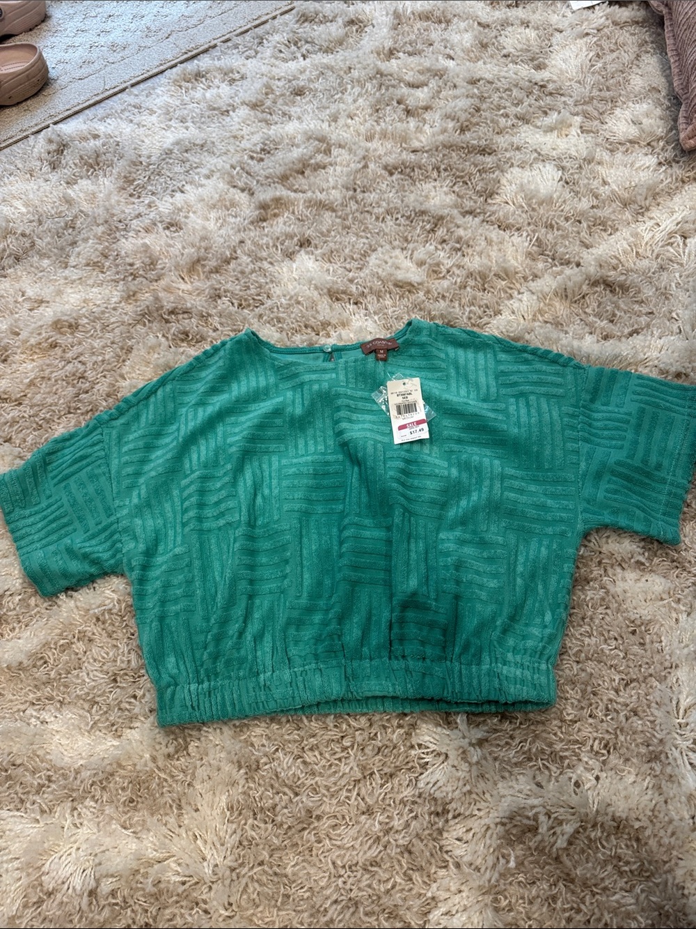 Textured Emerald Green Crop Top with Elastic Hem - Unknown Brand